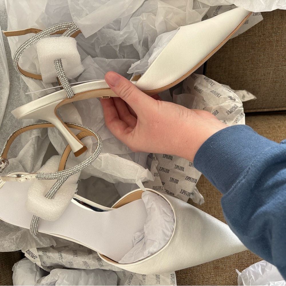 Badgley Mischka Ivory Satin Pointed Toe Heels with Crystal Ankle Straps